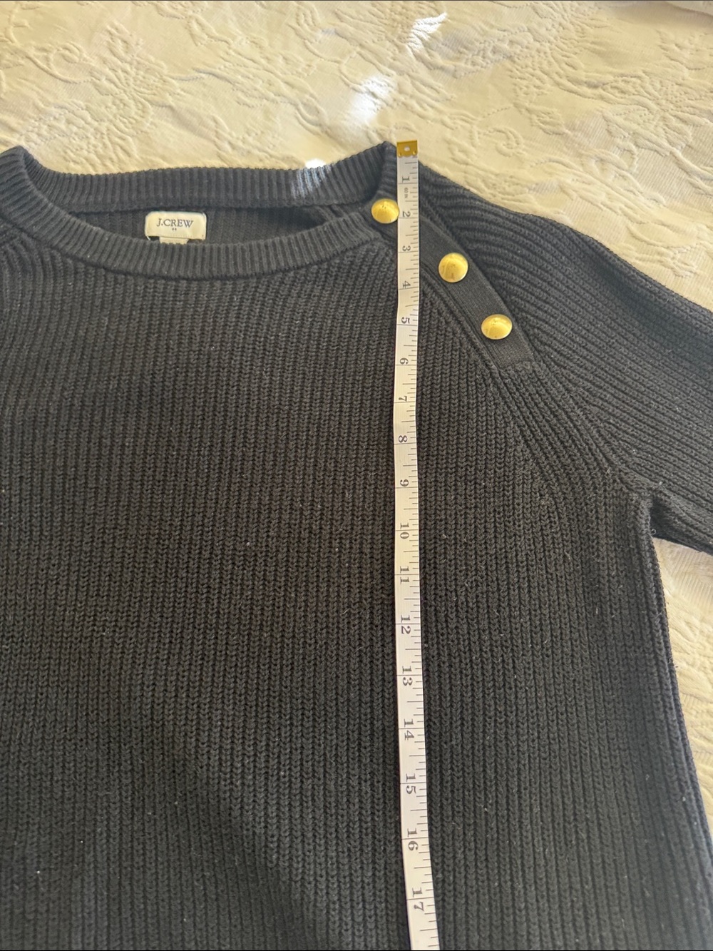 J. Crew Black Ribbed Crewneck Sweater with Gold Shoulder Buttons